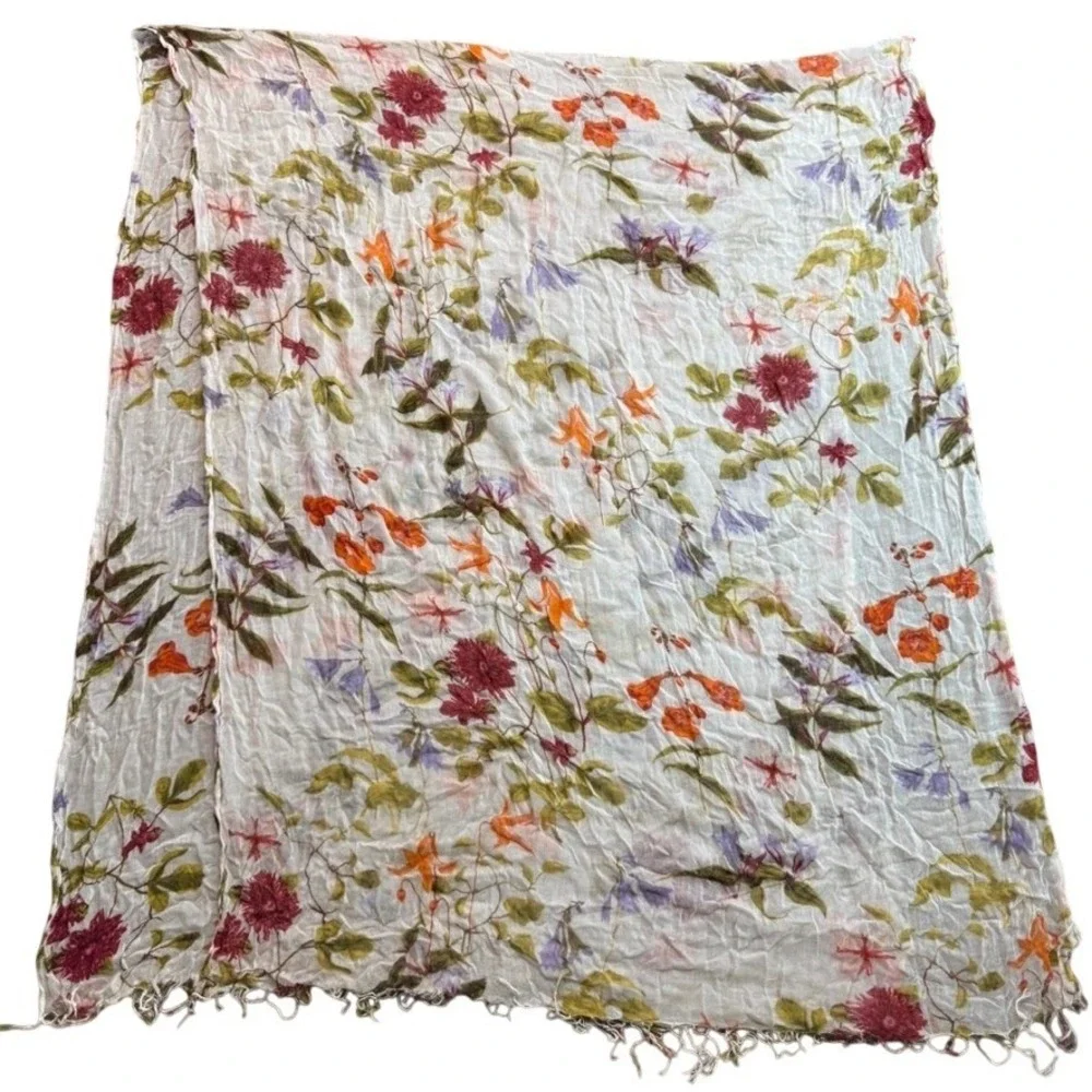 Floral Sheer Crinkle Scarf White Botanical Print Fringe Edge Lightweight Wrap